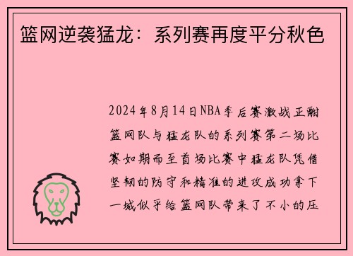 篮网逆袭猛龙：系列赛再度平分秋色
